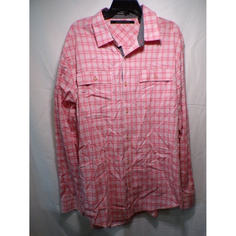 Sean John Men's XXL Pink Red Plaid Tailored Fit Long Sleeve Button Shirt